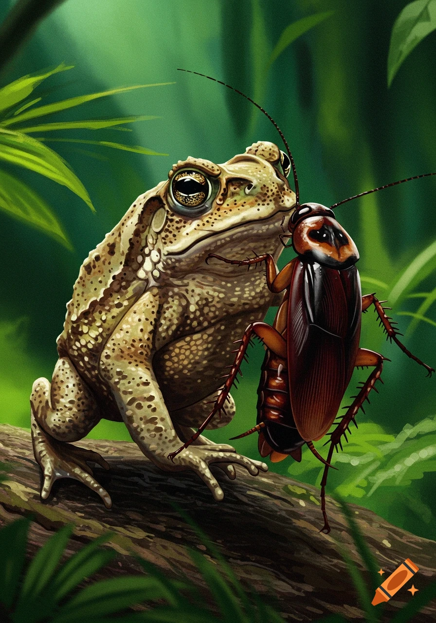 A cane toad on a log in a forest, about to eat a cockroach.
