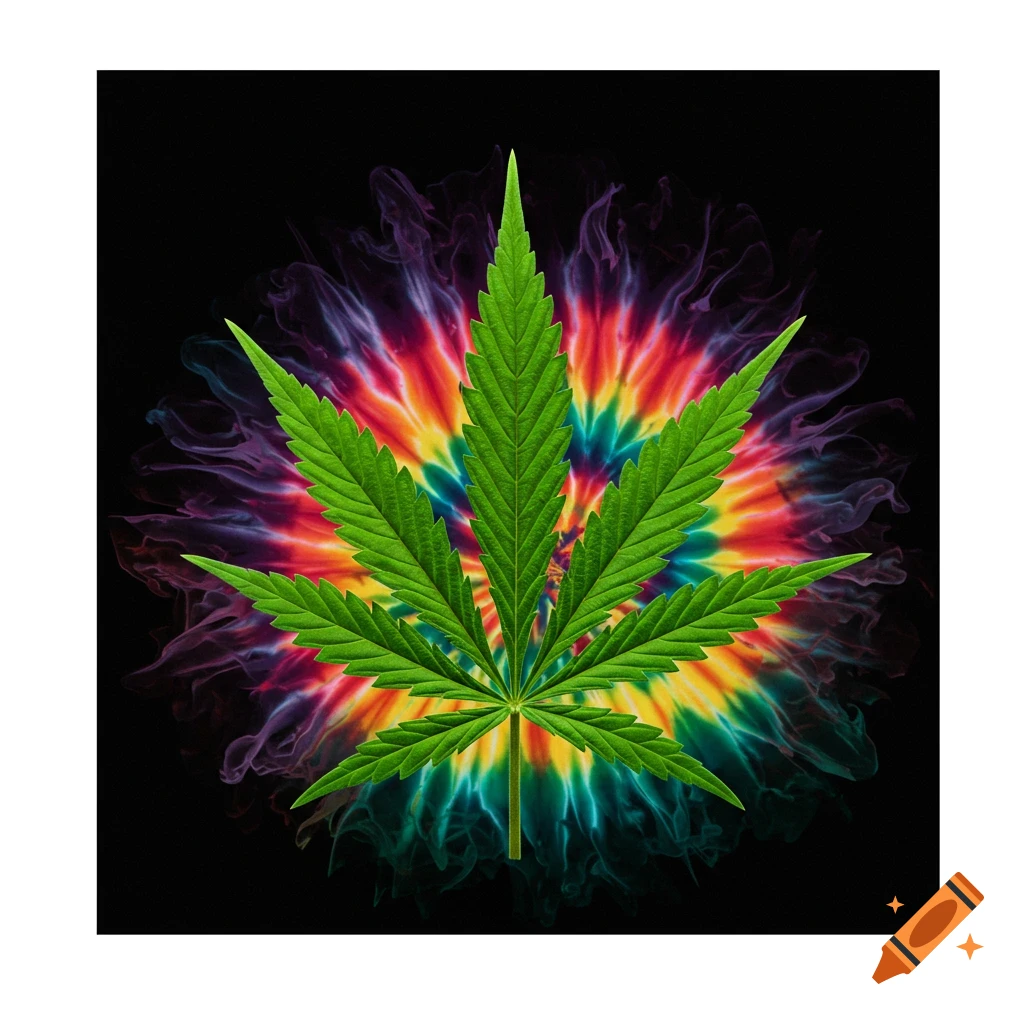 A green cannabis leaf centered over a colorful swirling tie-dye background with smoky tendrils.