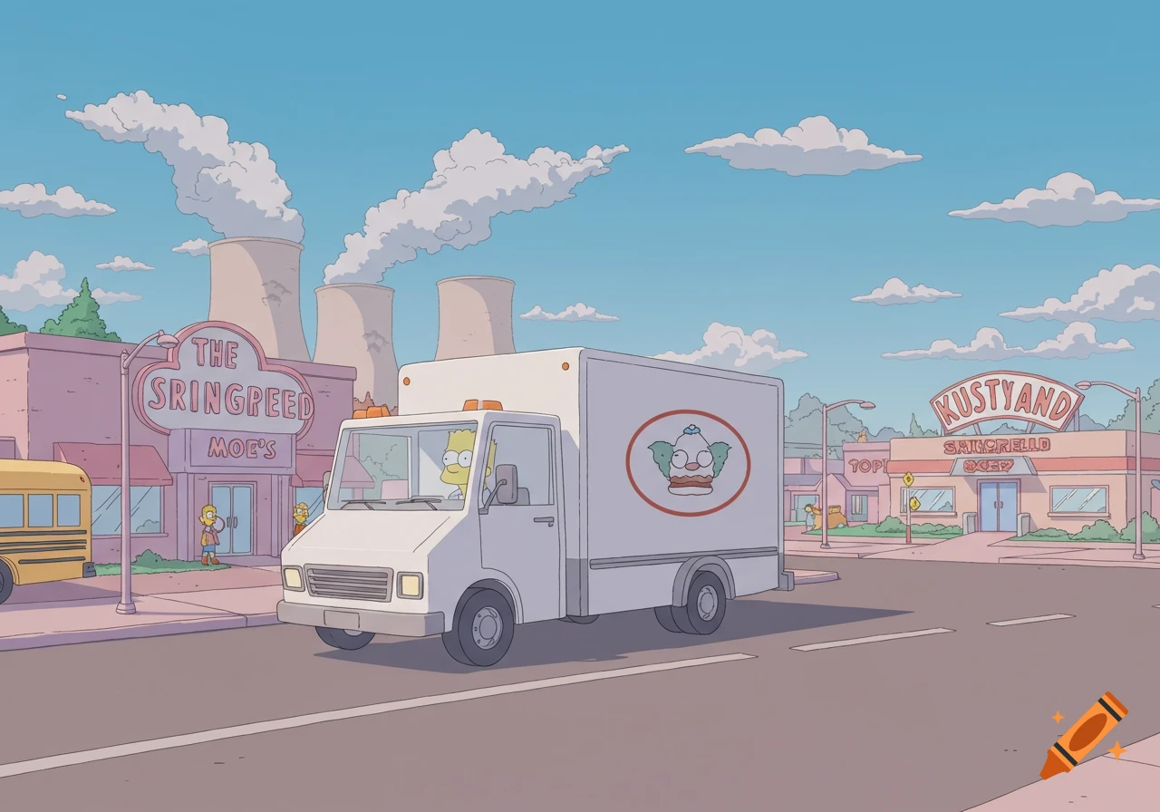 Bart Simpson driving a white delivery truck in cartoon Springfield town with power plant and shops.