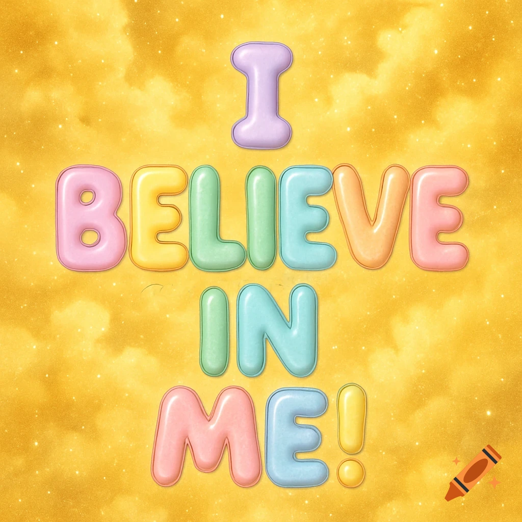 Pastel bubble letters spell 'I BELIEVE IN ME!' on a golden sparkly background.