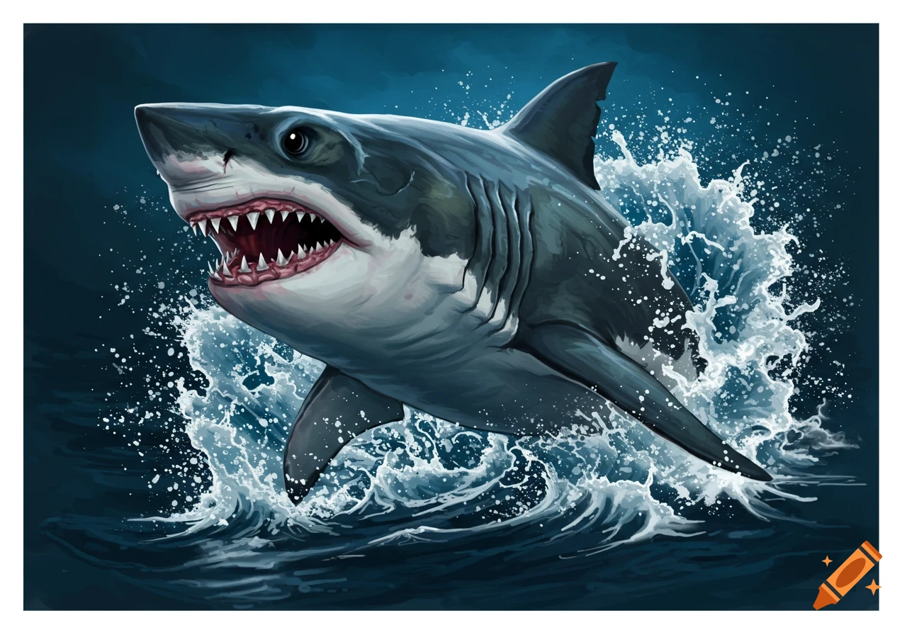 A great white shark leaps from dark water, teeth bared, amidst crashing waves.