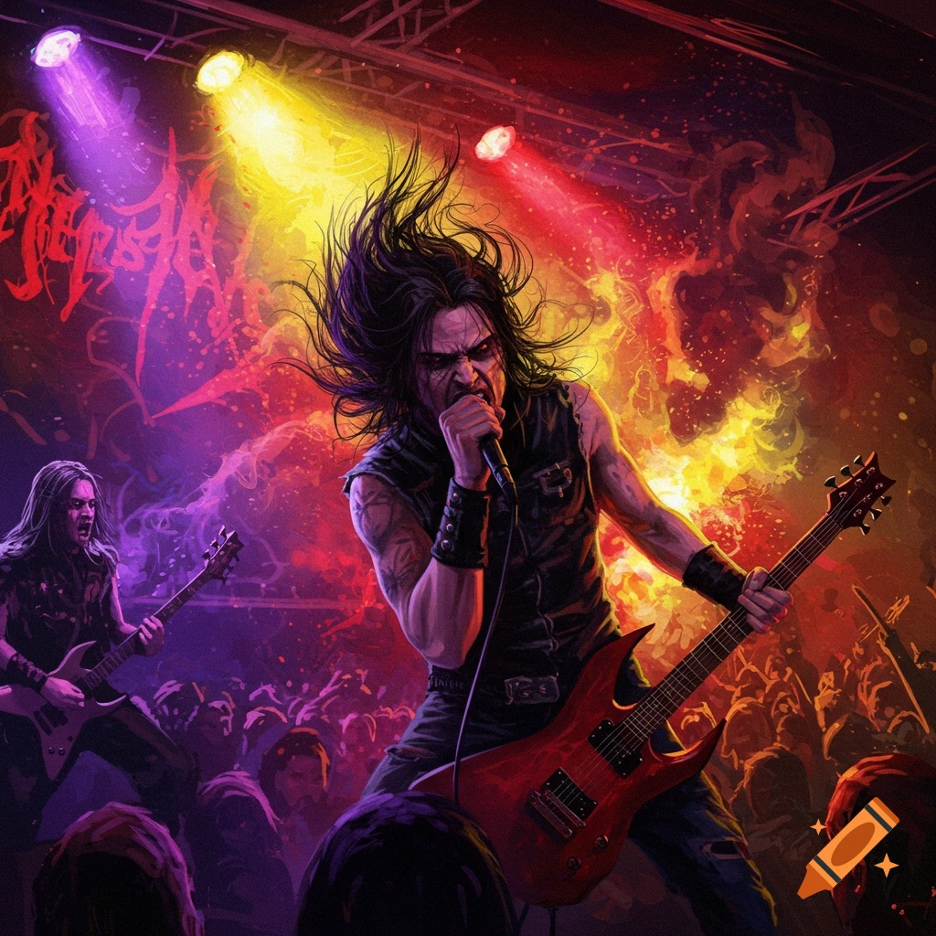 Heavy metal band performs live on stage under bright lights, singer/guitarist in foreground