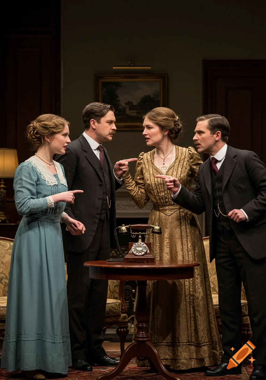 Four people in Edwardian clothing argue around a telephone on a table, pointing at each other.