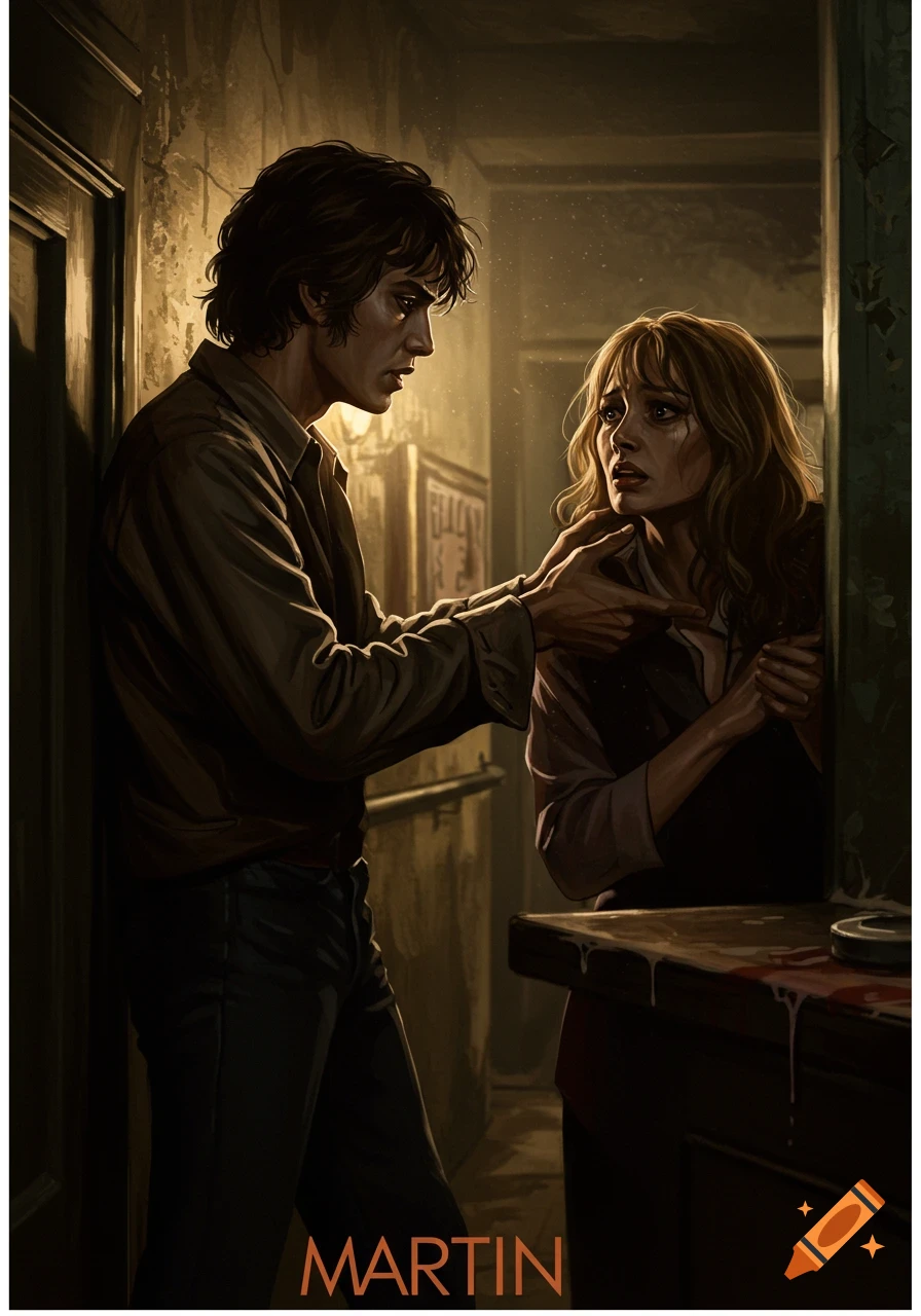 A man confronts a scared woman in a dark hallway with the title MARTIN below.