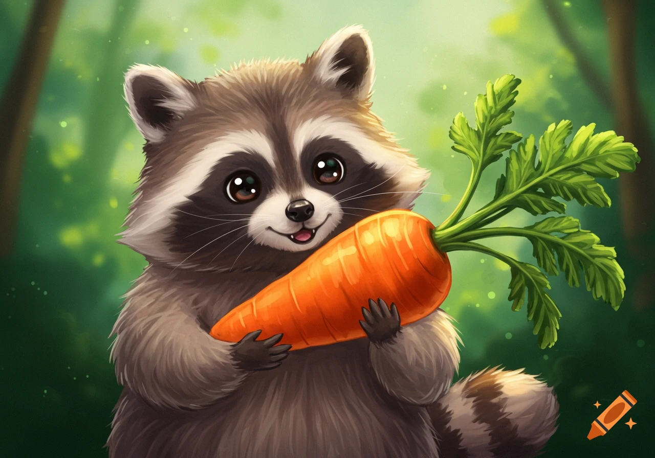 A cute cartoon raccoon holds a large orange carrot.