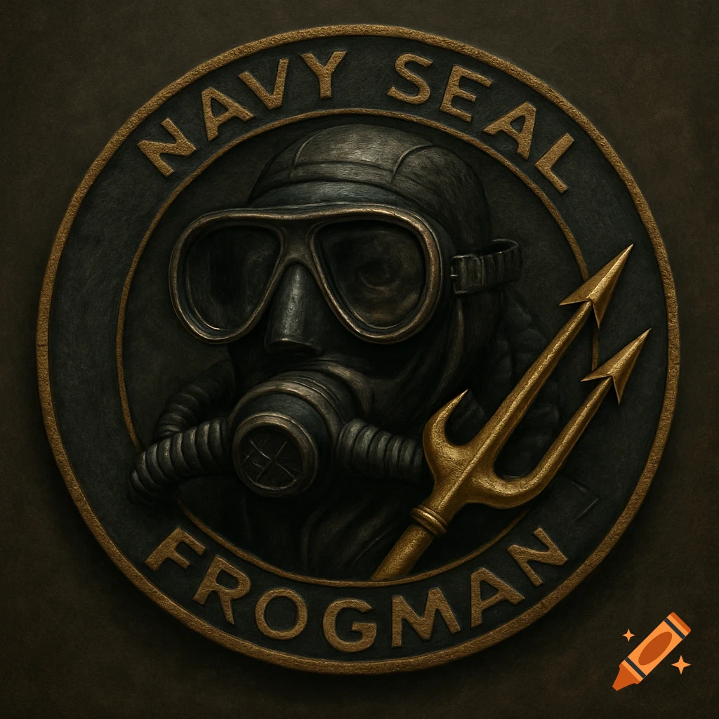 Circular military style logo with a figure in dive gear, a trident, and "NAVY SEAL FROGMAN" text.