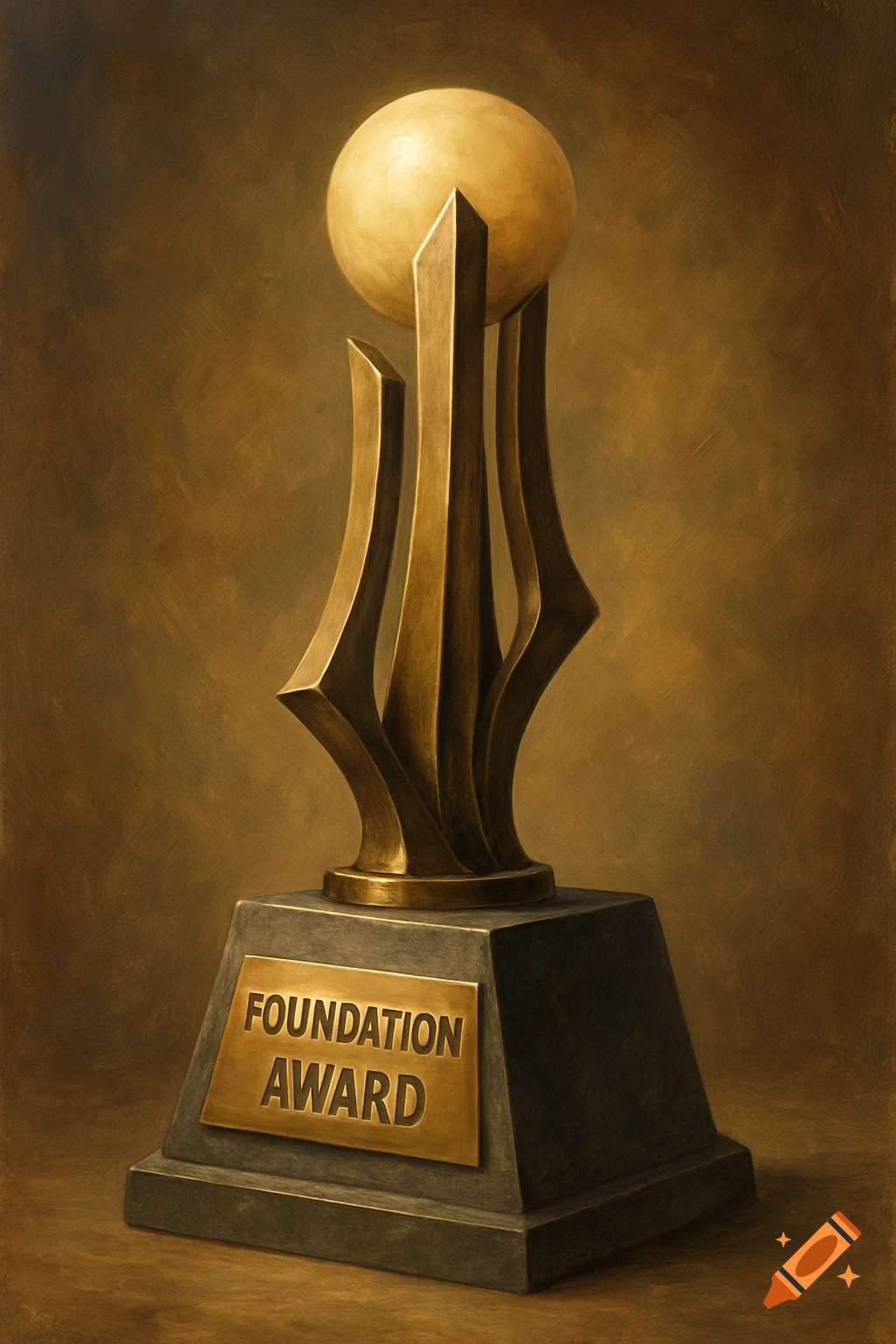 A painted trophy with a sphere on top, curved supports, and a plaque on a dark base.