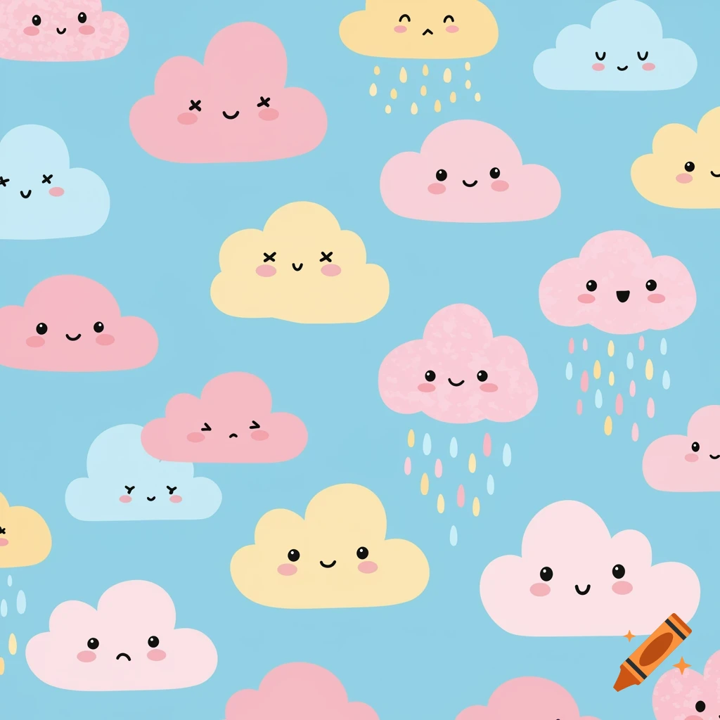 Seamless pattern of cute cartoon clouds in pink, yellow, and blue on a light blue background, some raining colorful drops.