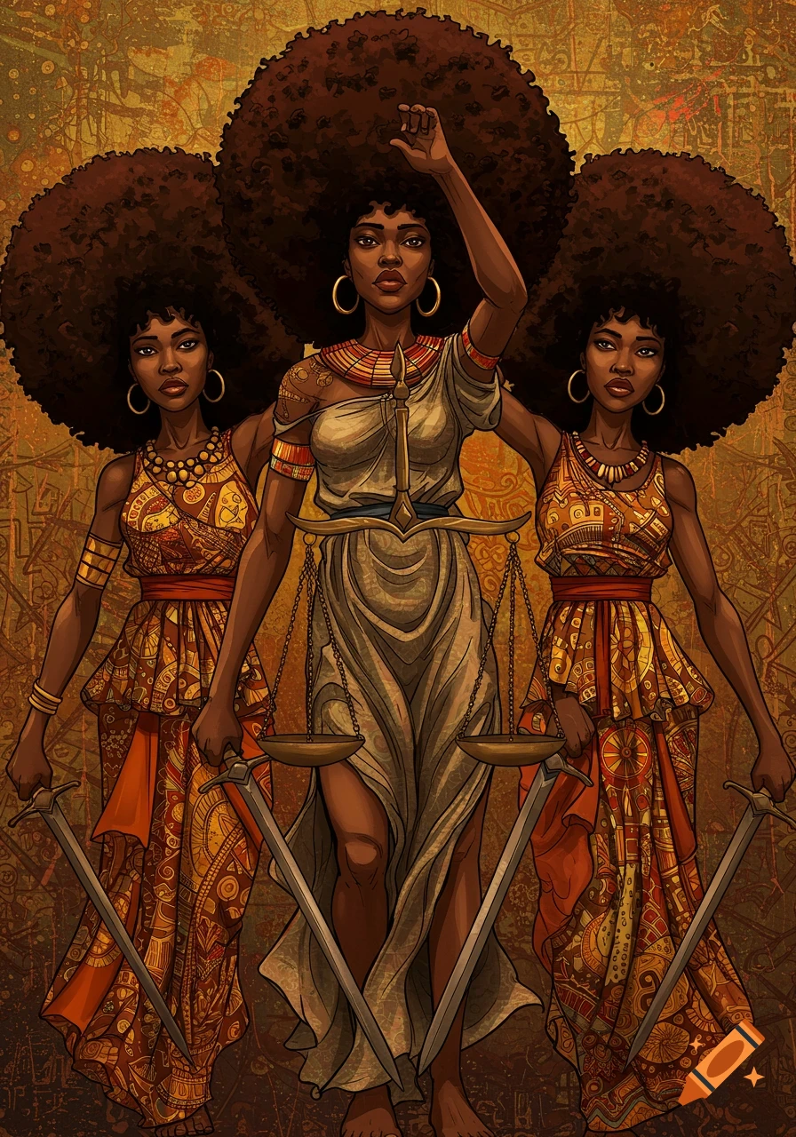 Illustration of three Black women with large Afros, holding scales of justice and swords, in richly patterned clothing.