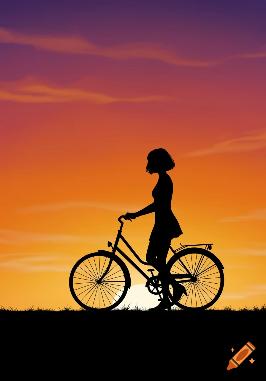 Silhouette of a woman with a bob haircut walking a bicycle against a vibrant sunset.