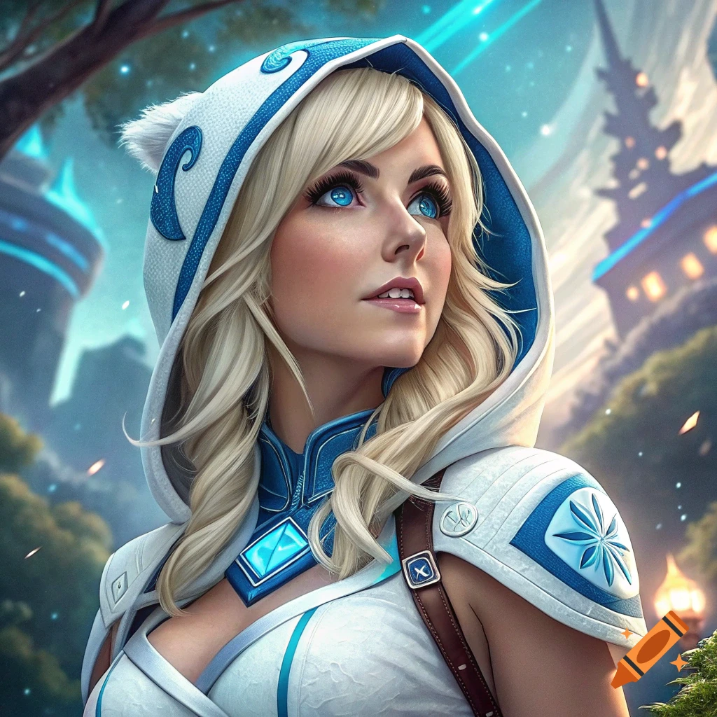 Blonde woman in white and blue hooded fantasy outfit looks up with blue eyes. Futuristic or fantasy city in background.