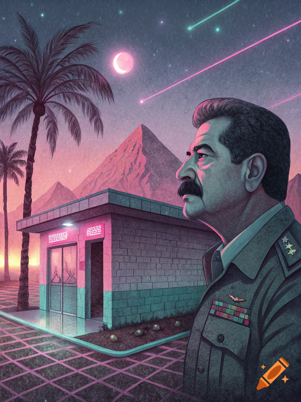 Portrait of Saddam Hussein in military uniform against a vaporwave desert landscape with palm trees and pyramids.