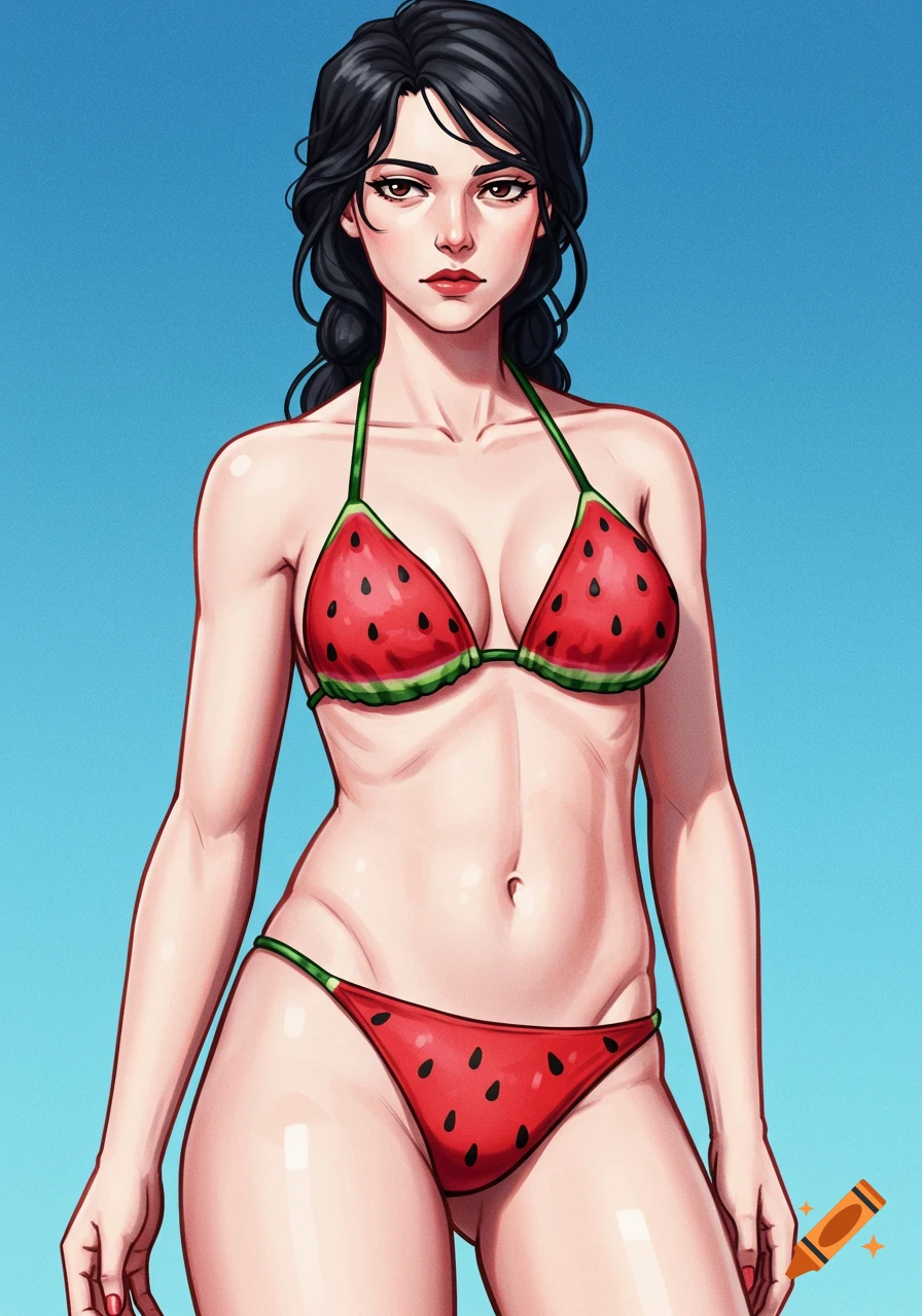 An anime illustration of a woman in a watermelon bikini against a blue sky.