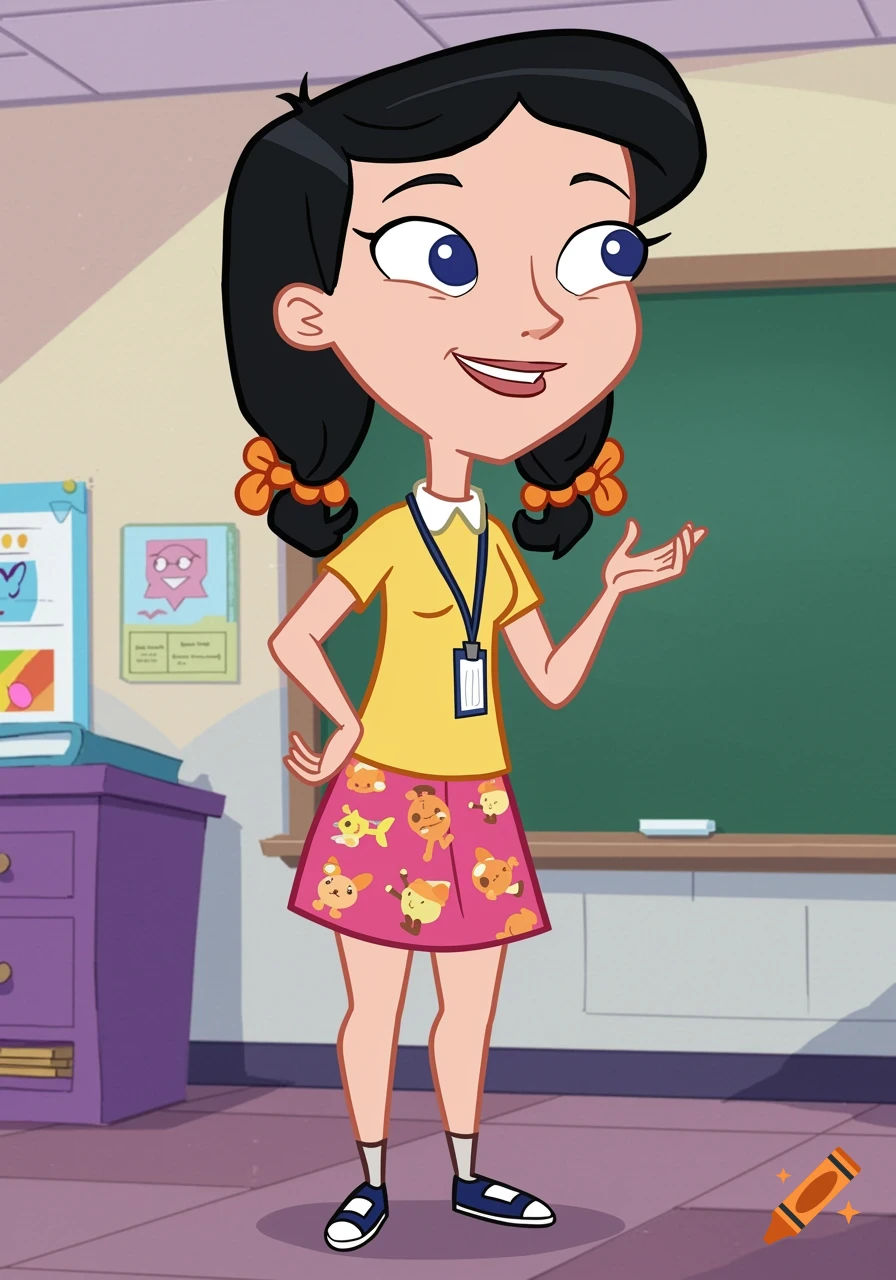 Cartoon woman teacher in a classroom, drawn in the style of Phineas and Ferb