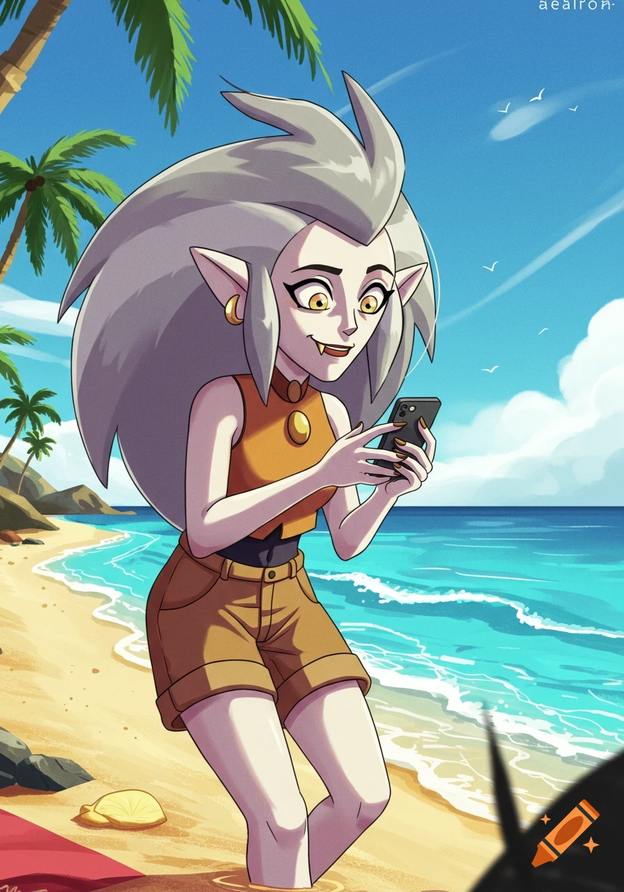 Eda from The Owl House looks at her phone on a sunny beach.