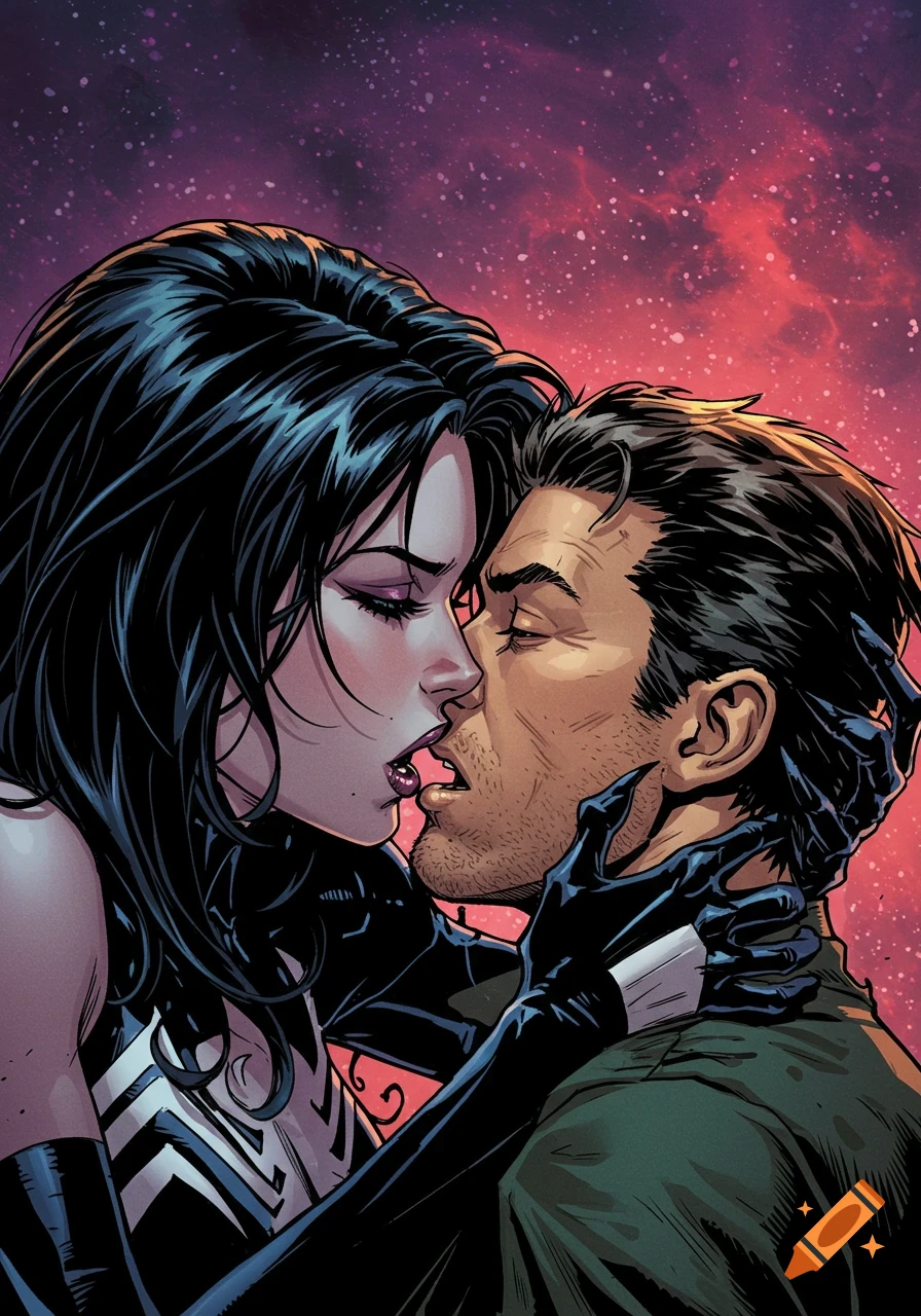 She-Venom kissing Eddie Brock against a cosmic background in a comic book style.