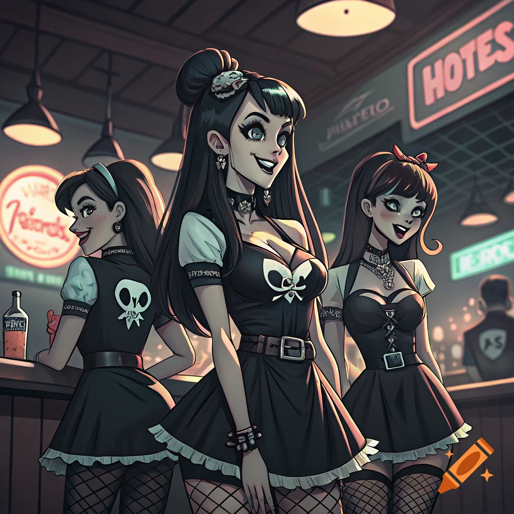 Three cartoon goth women in skull dresses at a bar.