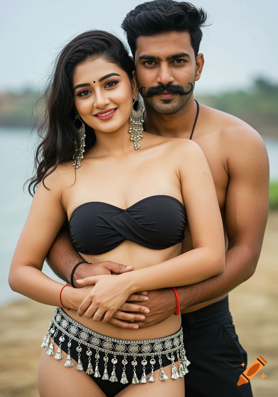 Couple posing outdoors; woman in black strapless swimsuit and silver belt, man embracing her from behind.