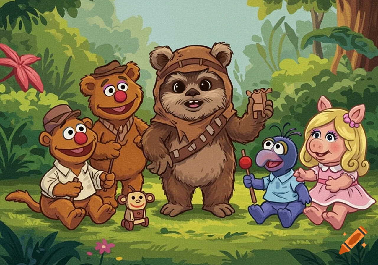 Cartoon of Muppet Babies characters and Wicket the Ewok in a forest.