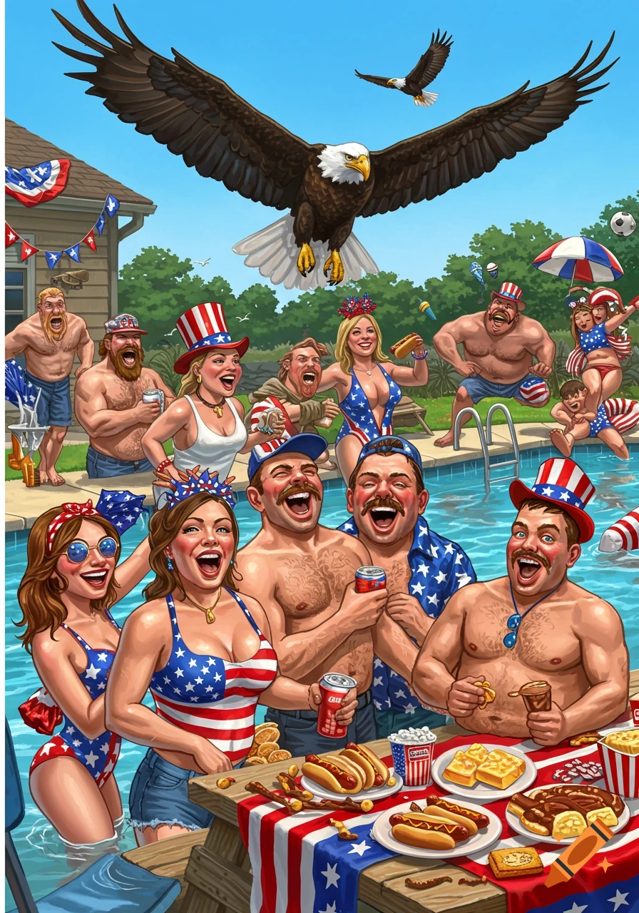 Illustration of a lively 4th of July pool party with people in patriotic outfits, food, and bald eagles flying overhead.