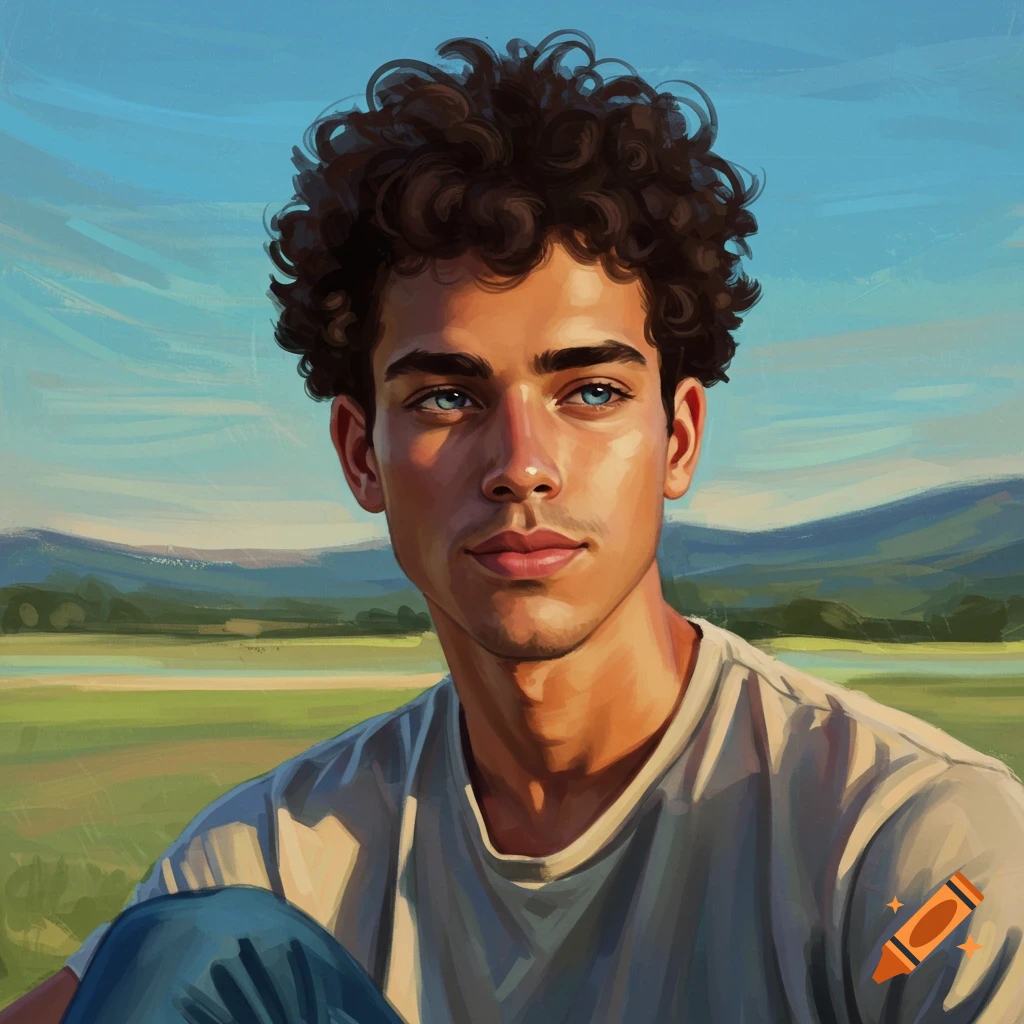 Painted portrait of a young man with curly brown hair and blue eyes against a landscape.