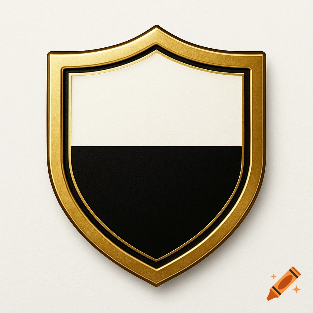 A gold-trimmed shield with a white top half and a black bottom half.