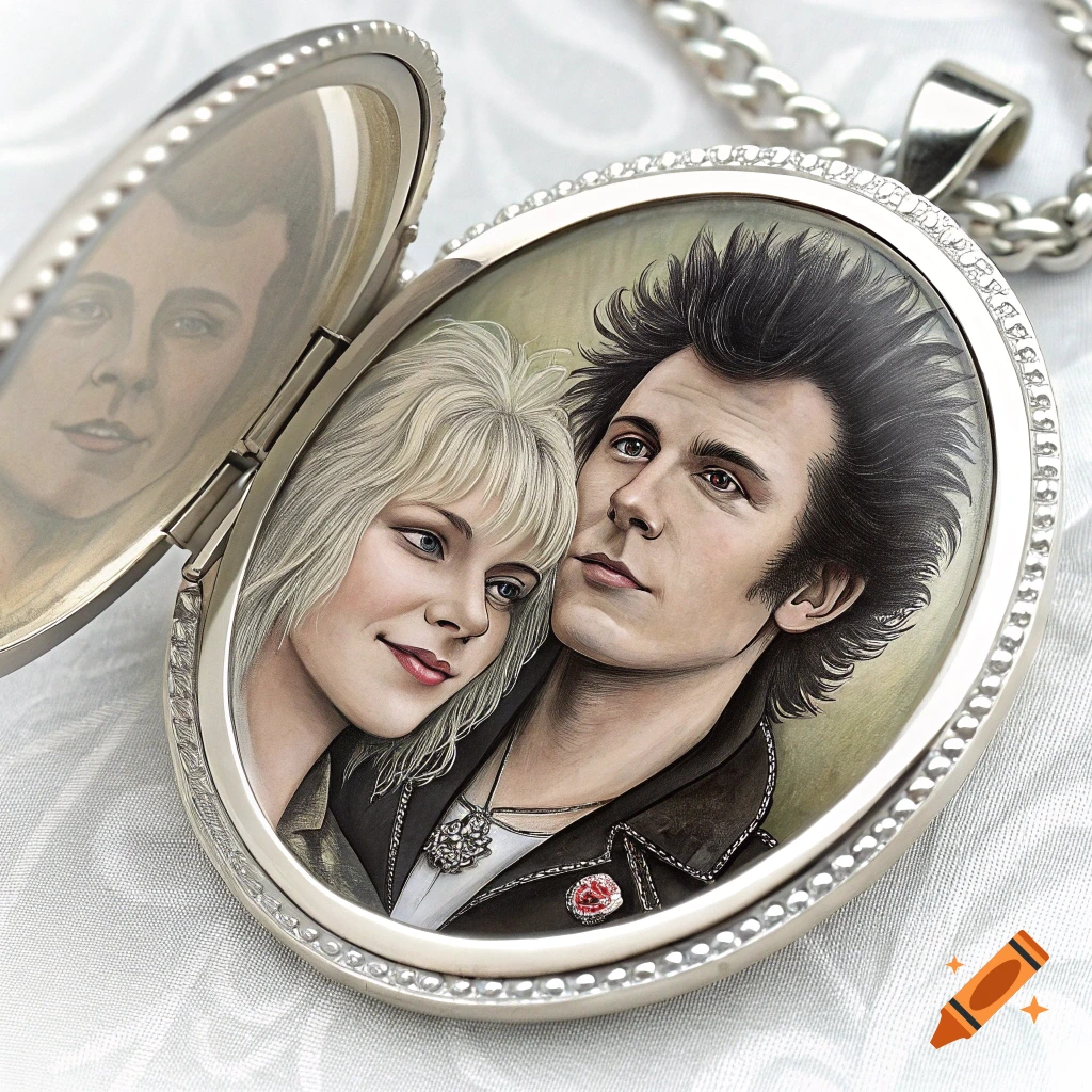 A silver locket open to reveal painted portraits of Sid Vicious and Nancy Spungen
