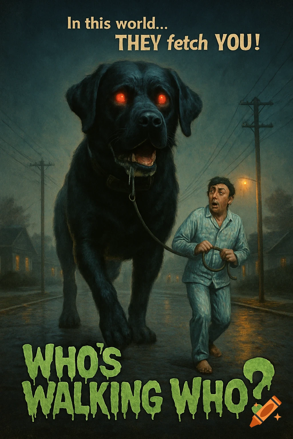 Movie poster shows gigantic black dog walking a terrified man on a leash on a street at night, with title text.