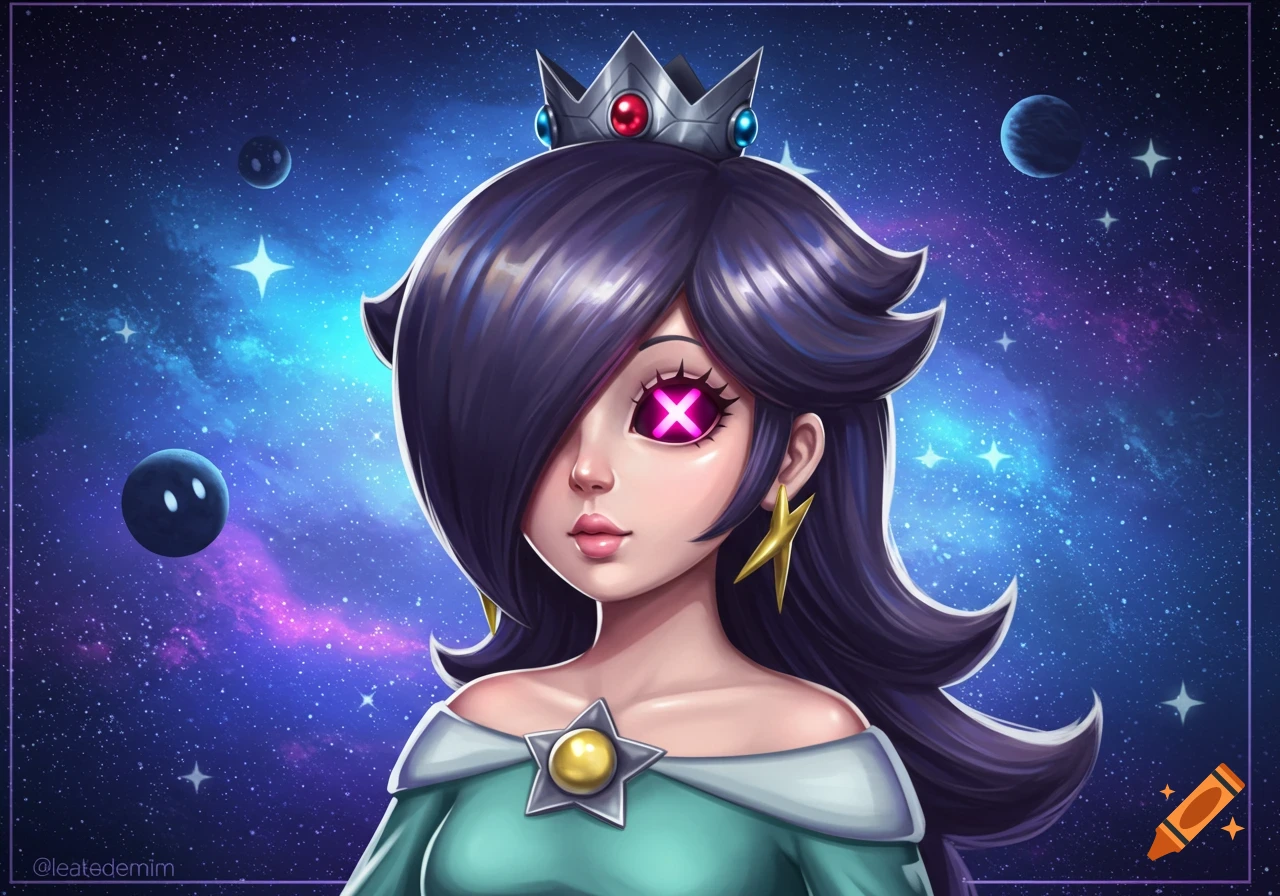 Illustration of Princess Rosalina with pink X eyes in a galaxy background