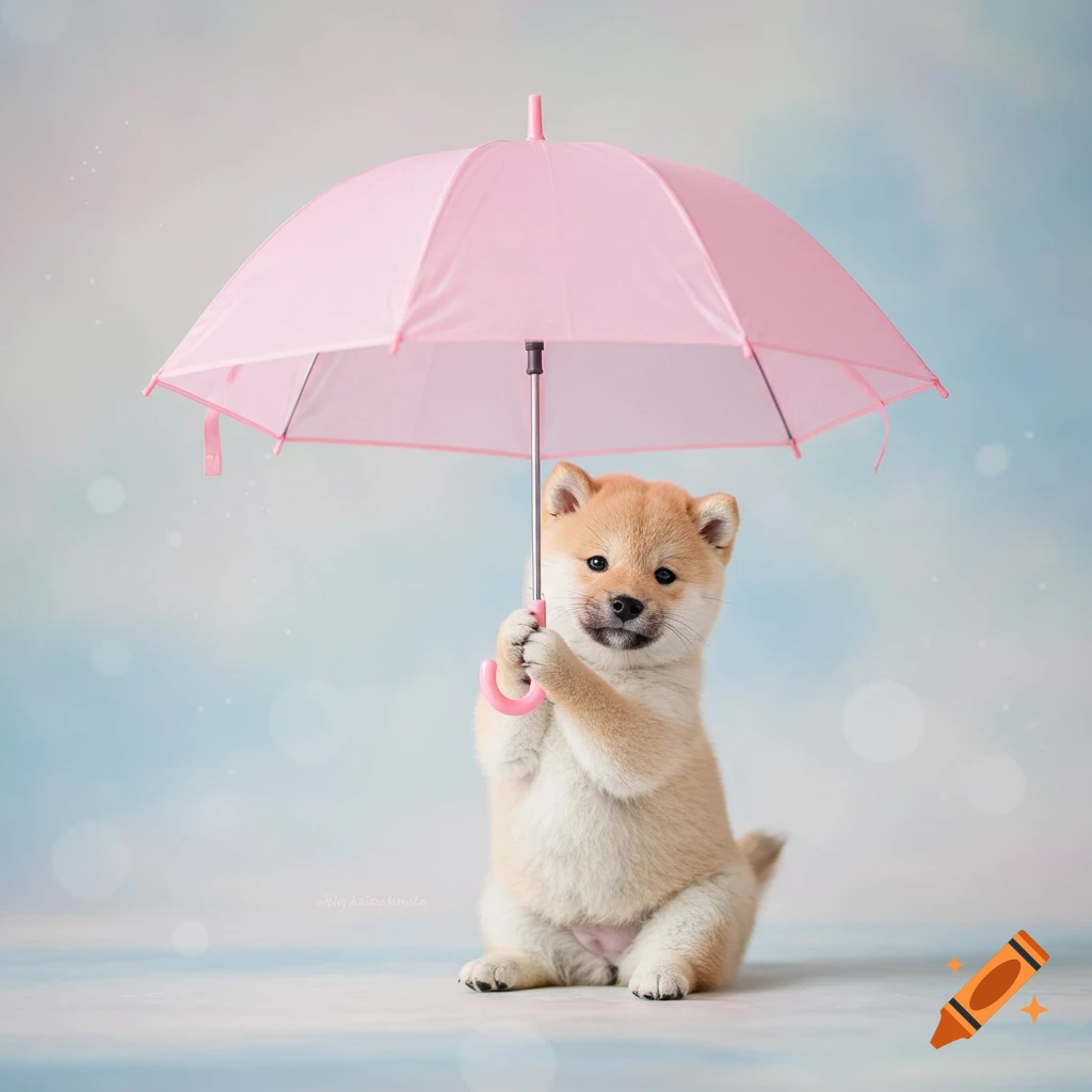 A cute Shiba Inu puppy holds a pink umbrella.