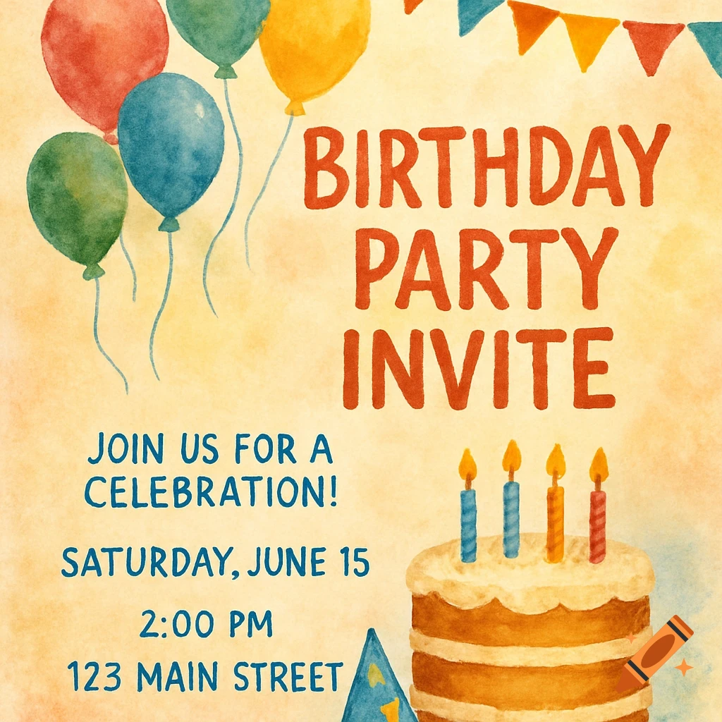 Watercolor birthday party invitation with balloons, cake, and text details