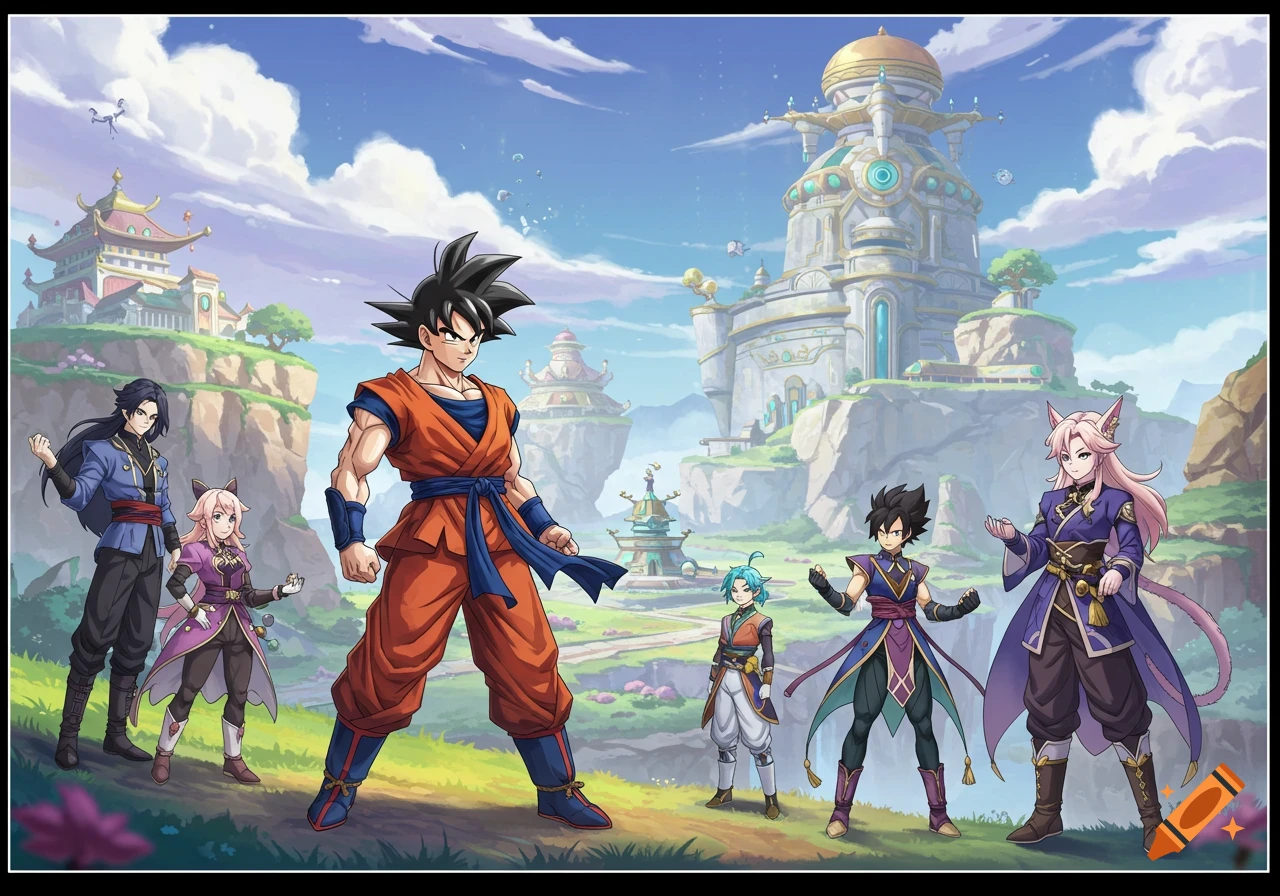 Anime characters including Goku standing in a fantasy landscape with large buildings.
