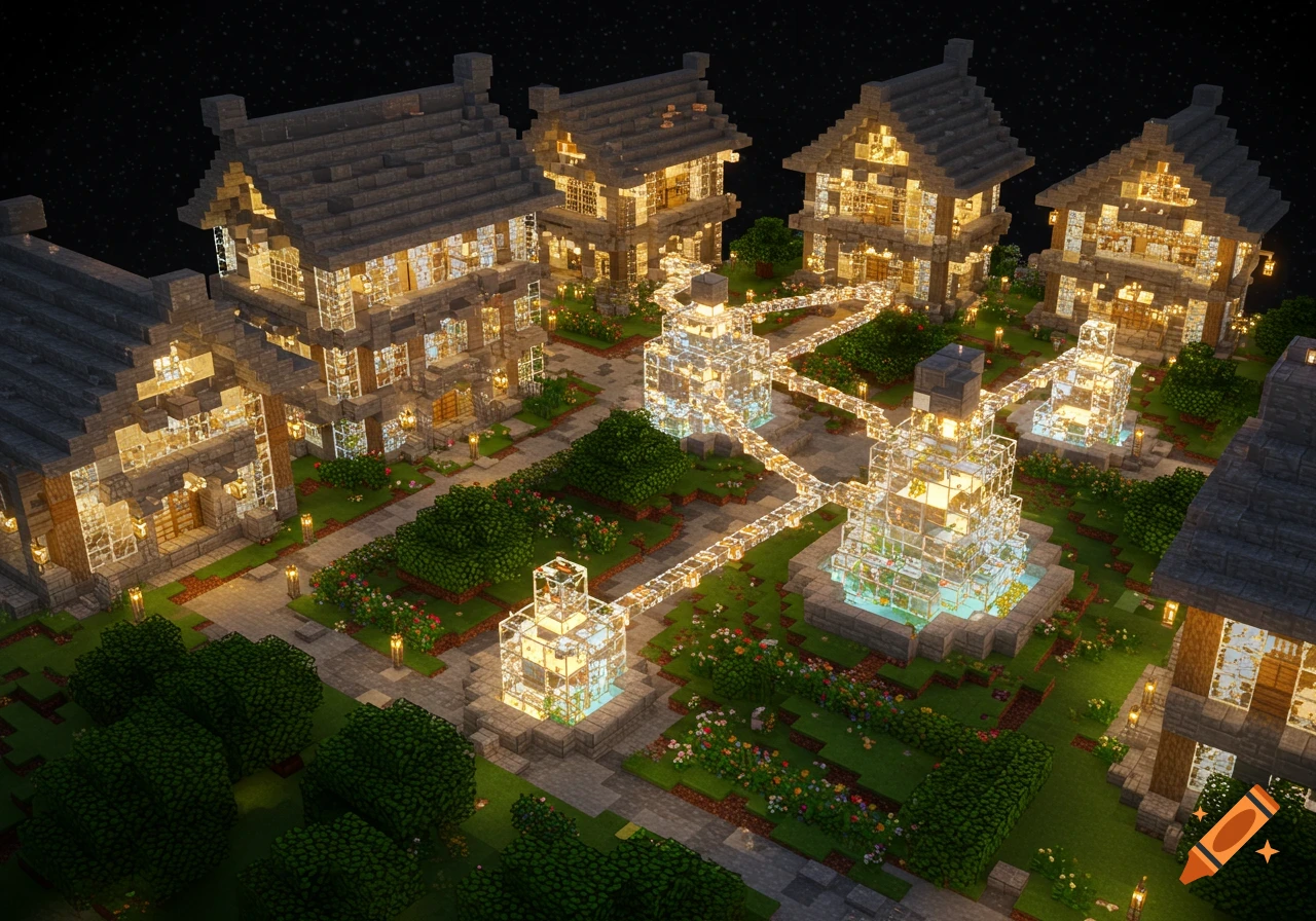 A well-lit Minecraft village made of glass and stone buildings connected by illuminated glass tubes at night.