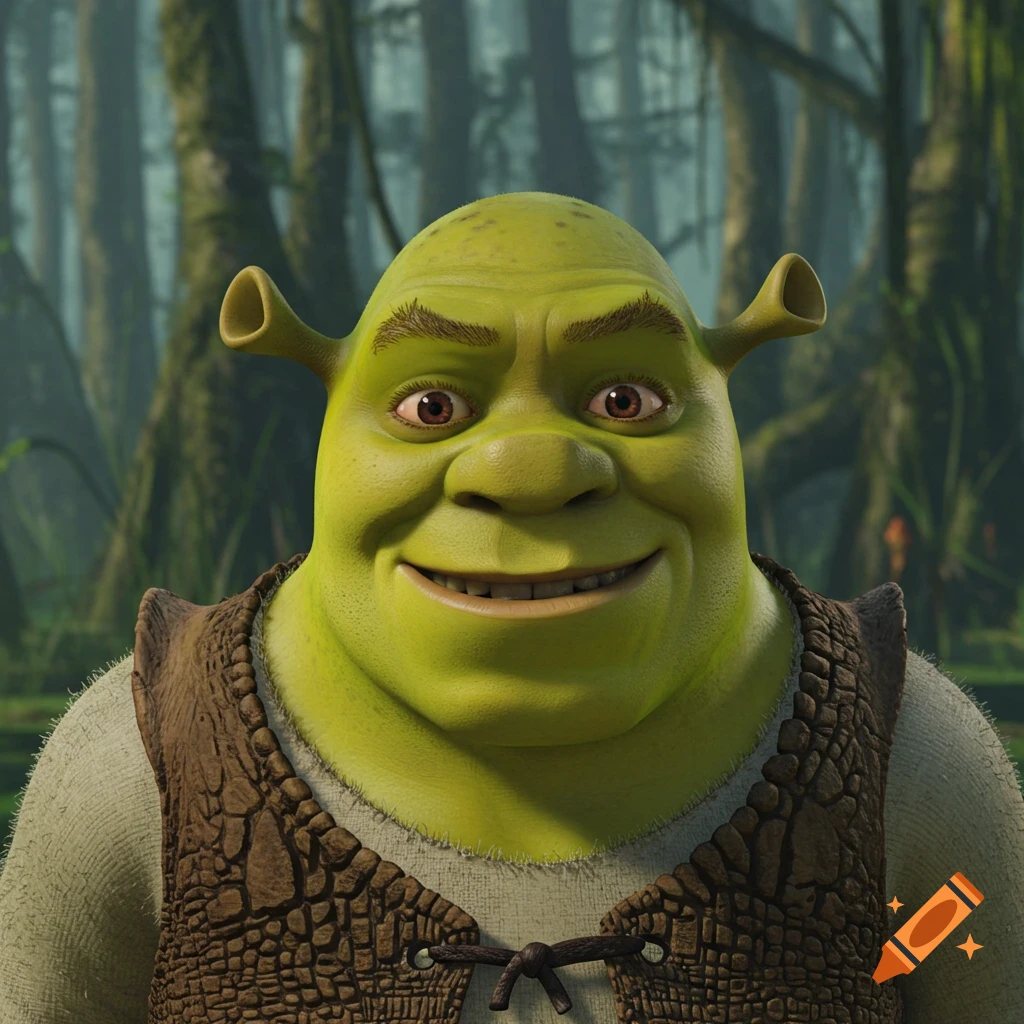 Close-up portrait of a smiling Shrek in a swamp forest.