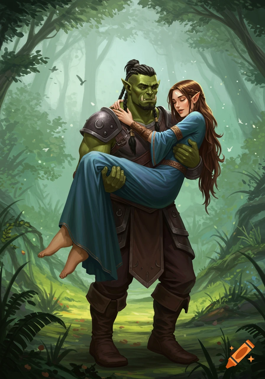 A green orc carries a woman through a forest in a fantasy art style.