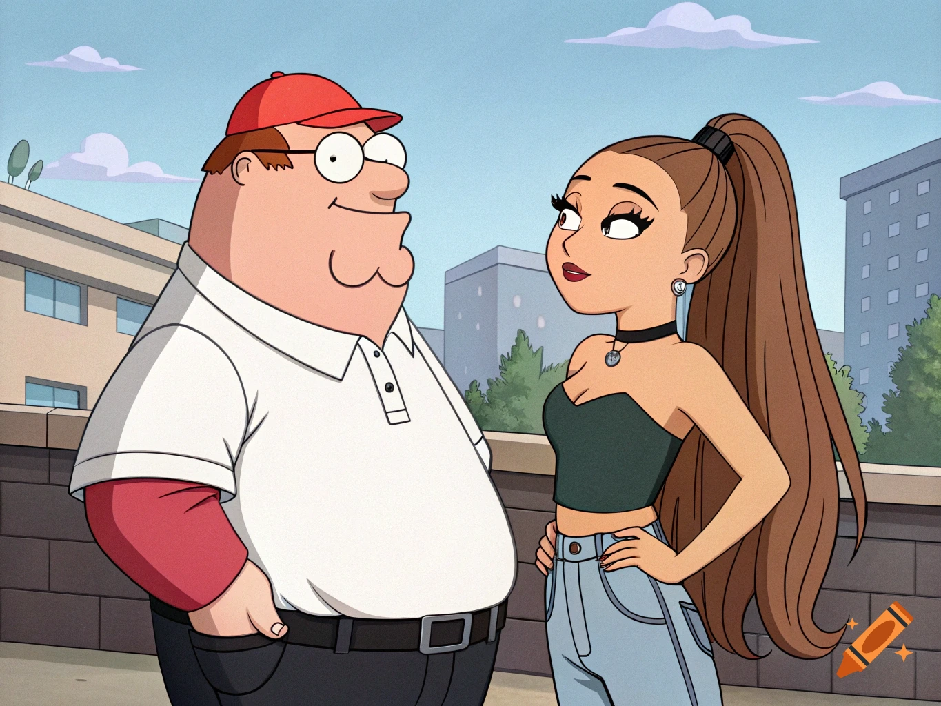 Cartoon Peter Griffin and Ariana Grande stand together outside