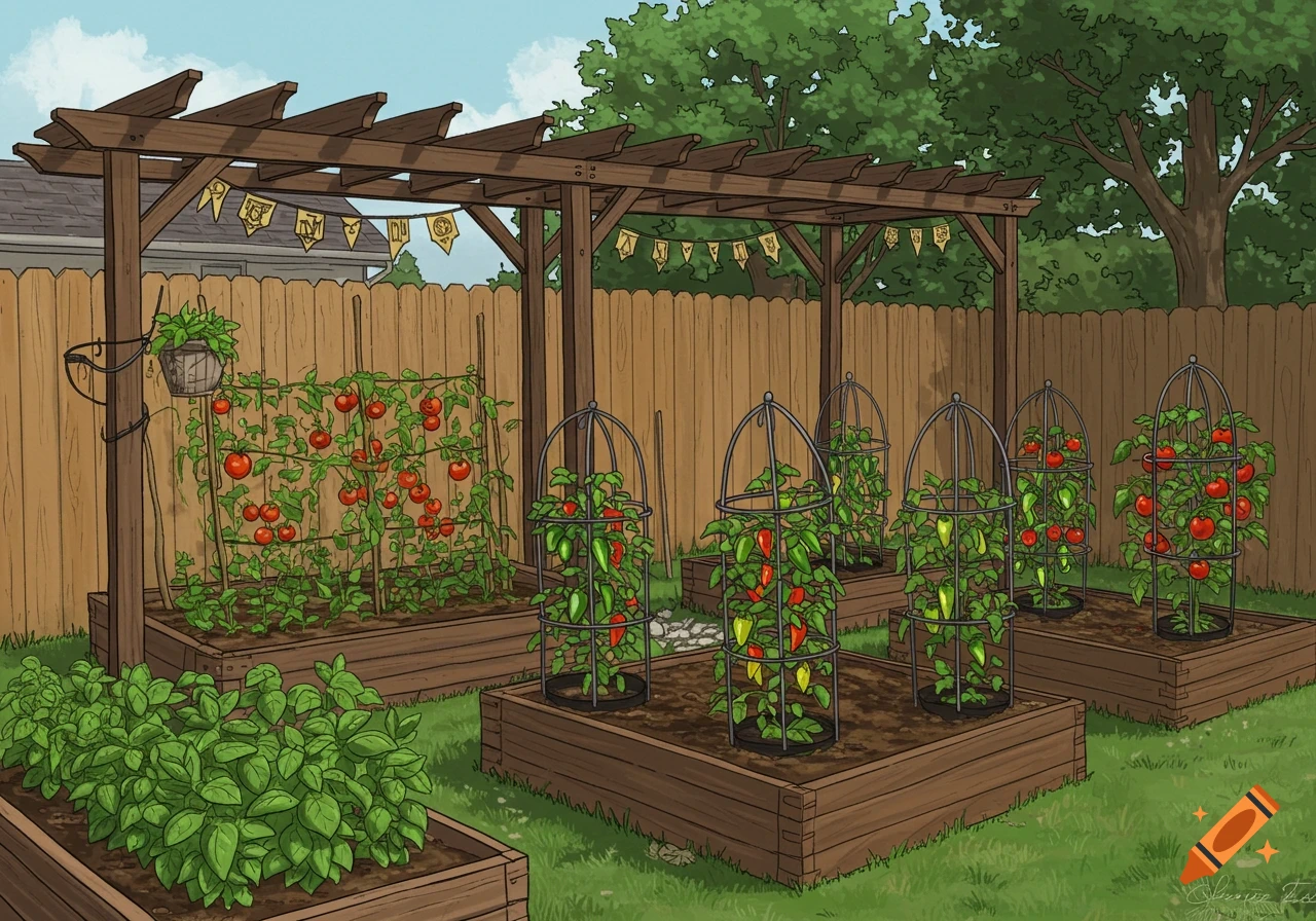 Illustration of a backyard garden with raised beds under a pergola, featuring tomatoes, peppers, basil, and decorative banners.