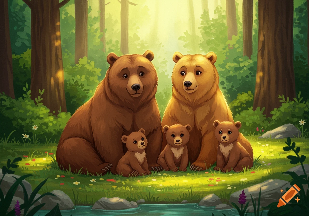 A cartoon bear family, two adults and three cubs, sits in a sunlit forest clearing by a stream.