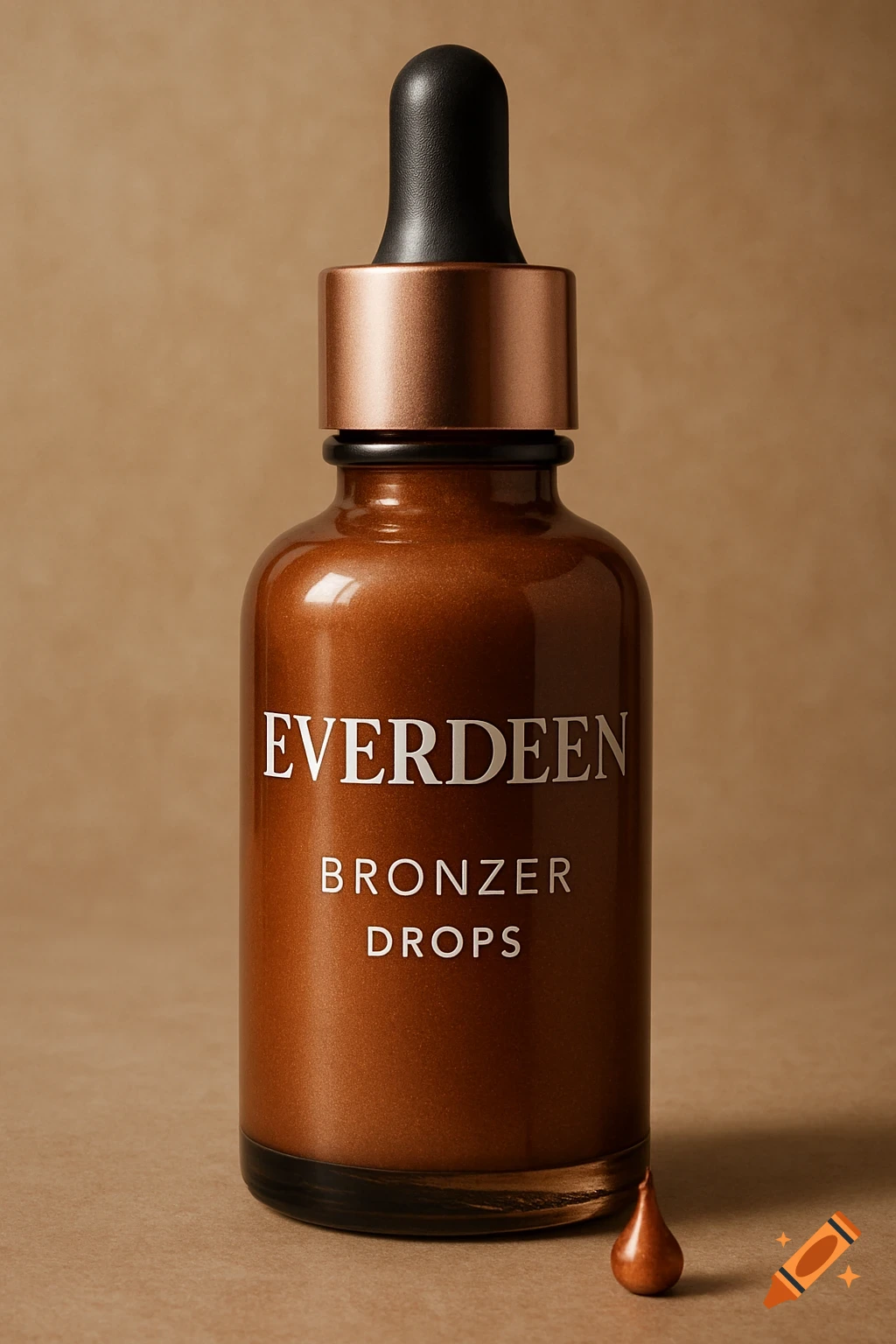 A close-up studio photo of a bottle of bronze-colored bronzer drops.