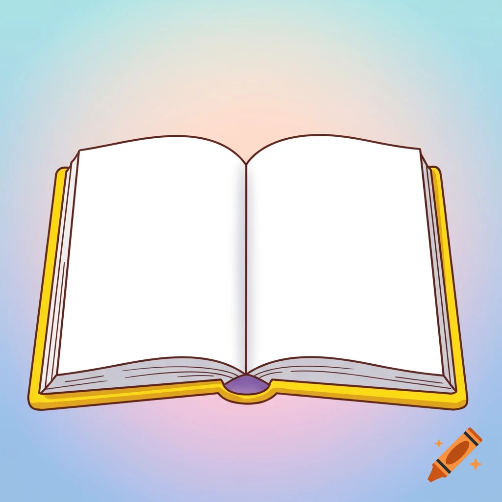 A cartoon drawing of an open book with blank pages.