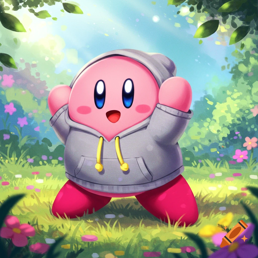 Kirby wears a gray hoodie in a sunny garden