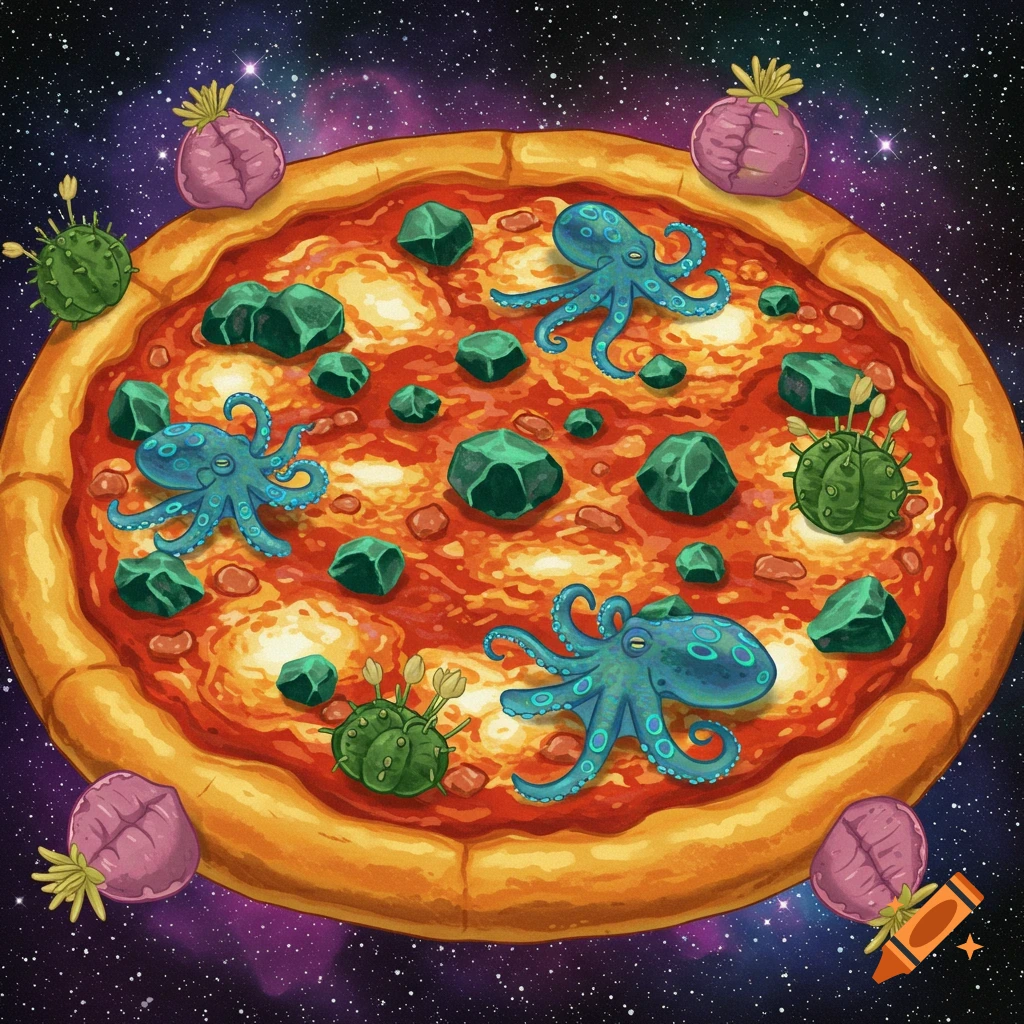 An illustration of a pizza topped with blue octopuses, green rocks, and plants floating in space.