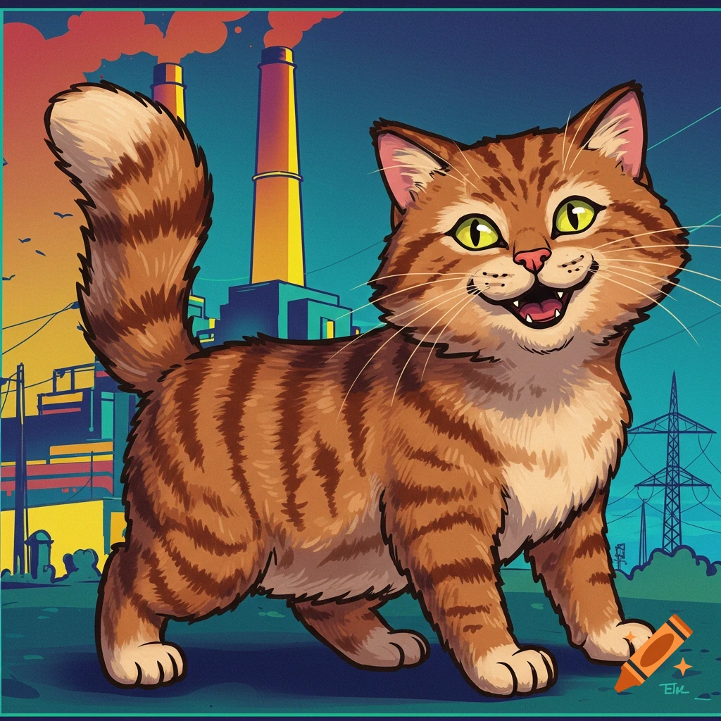 Cartoon of a brown tabby cat in front of a factory.