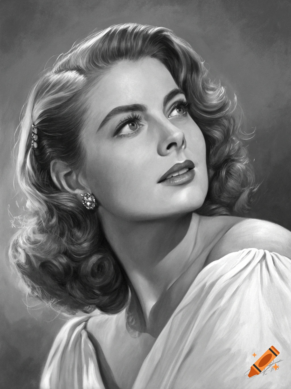 Black and white portrait of a woman looking up in a classic painting style.