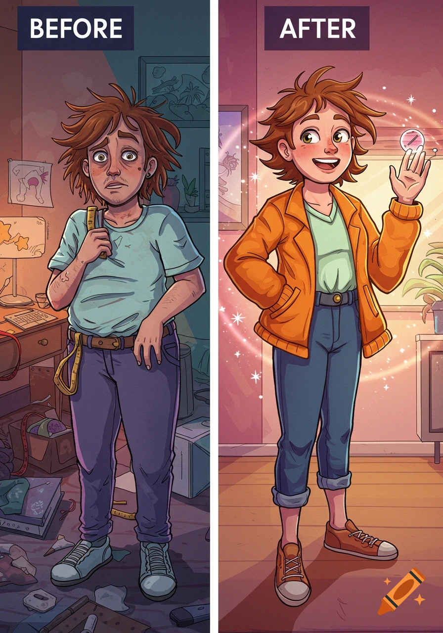 A cartoon illustration shows a person's before-and-after transformation from disheveled in a messy room to neat and happy in a tidy room.