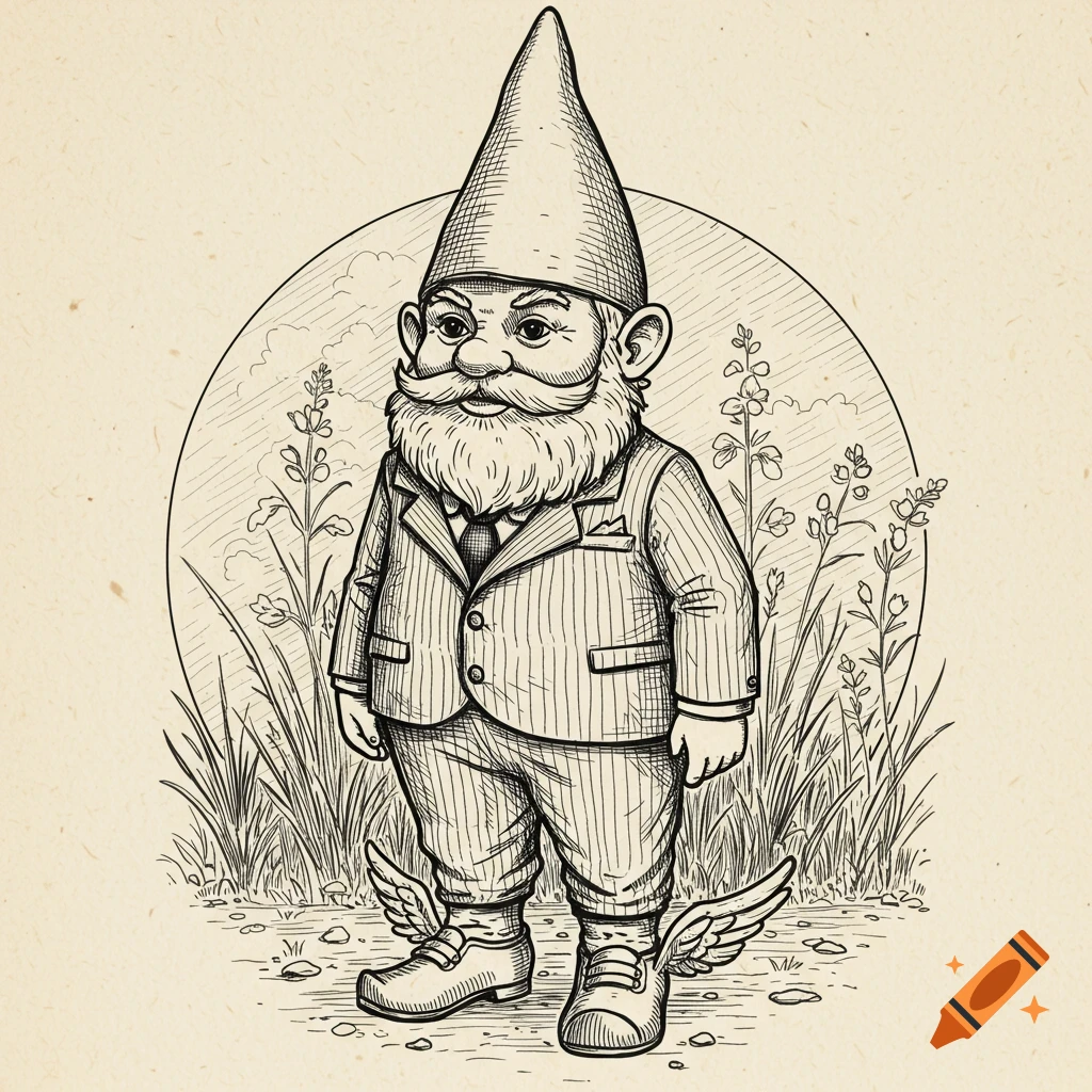 Line drawing of a garden gnome in a suit with winged shoes standing in a garden.