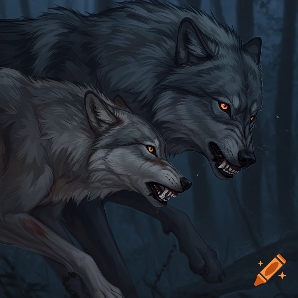 Two gray wolves with glowing eyes snarl in a dark forest.