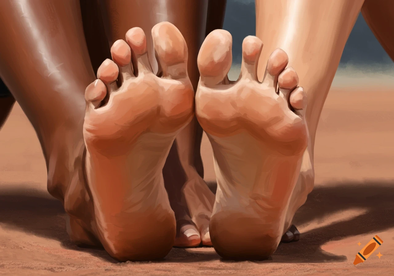 Digital painting of bare feet up close on sand.