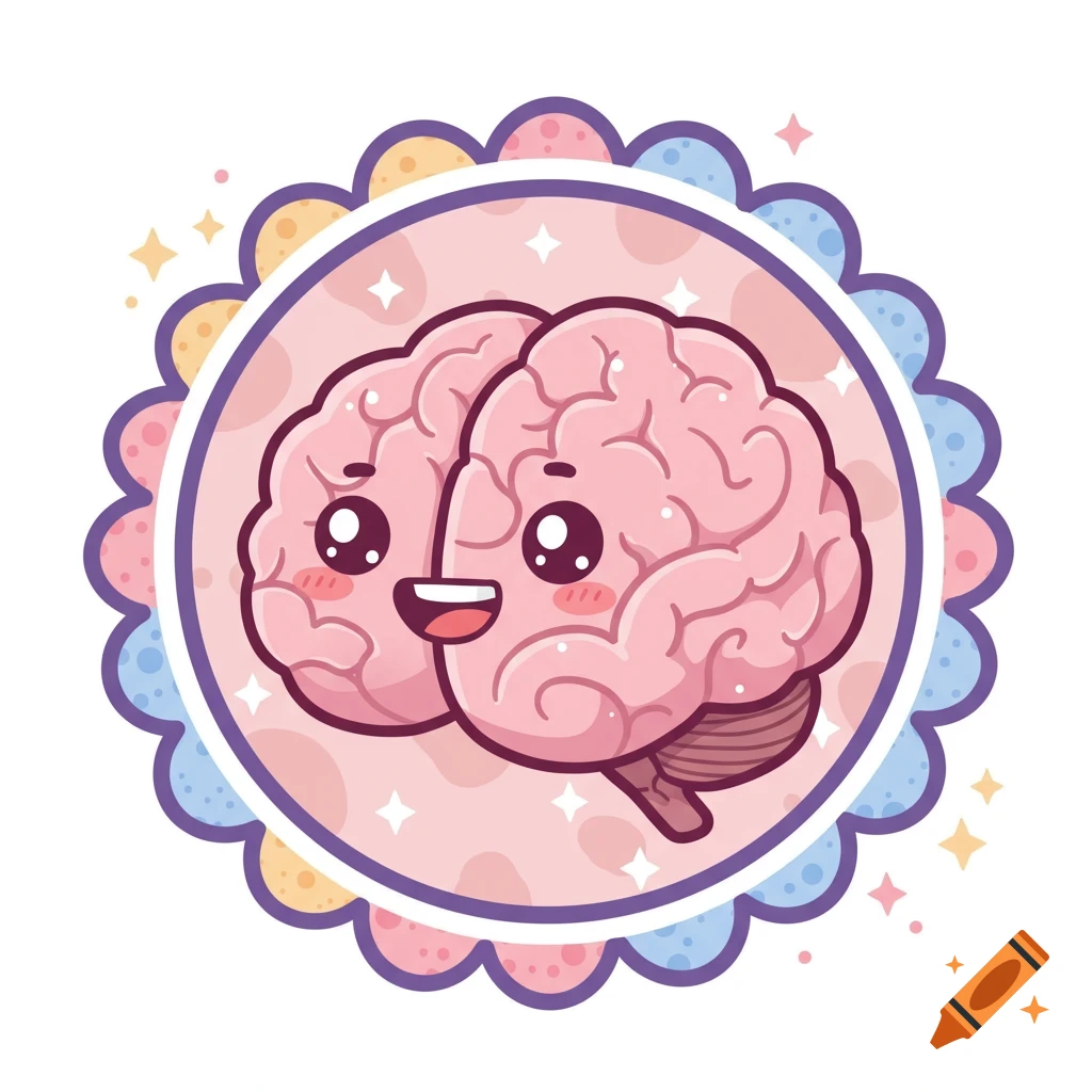 Cute cartoon brain character in a scalloped circular emblem with sparkles.