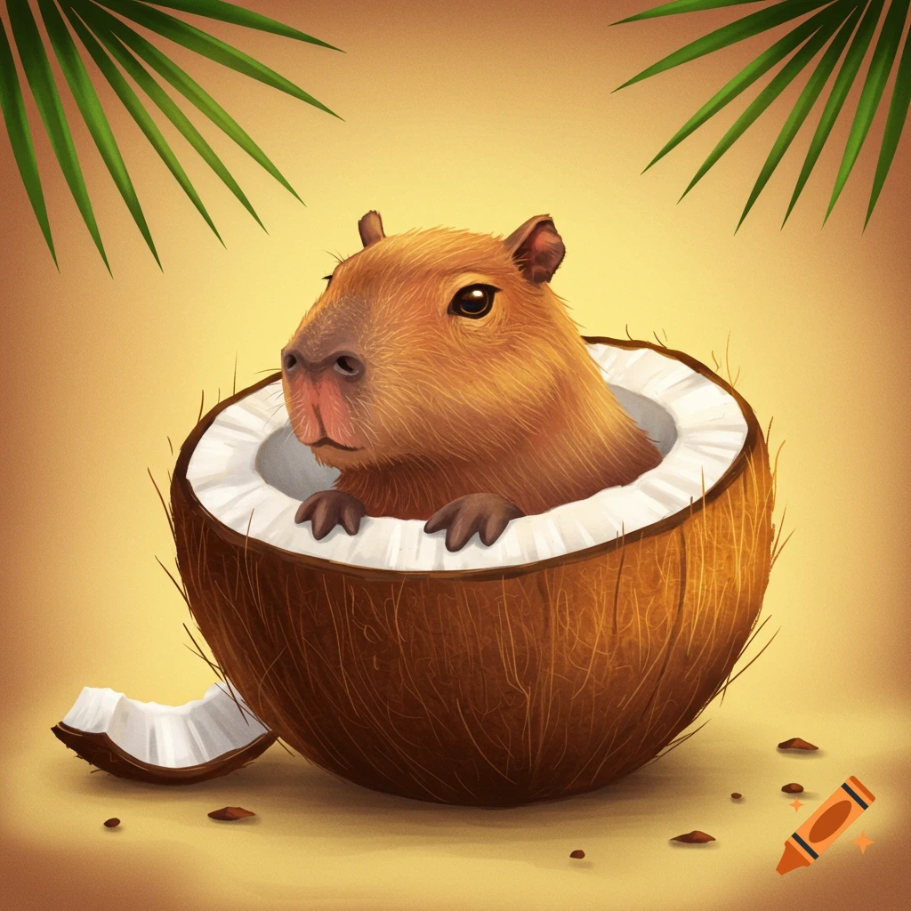 A cute capybara sits inside a cracked coconut on a beach.